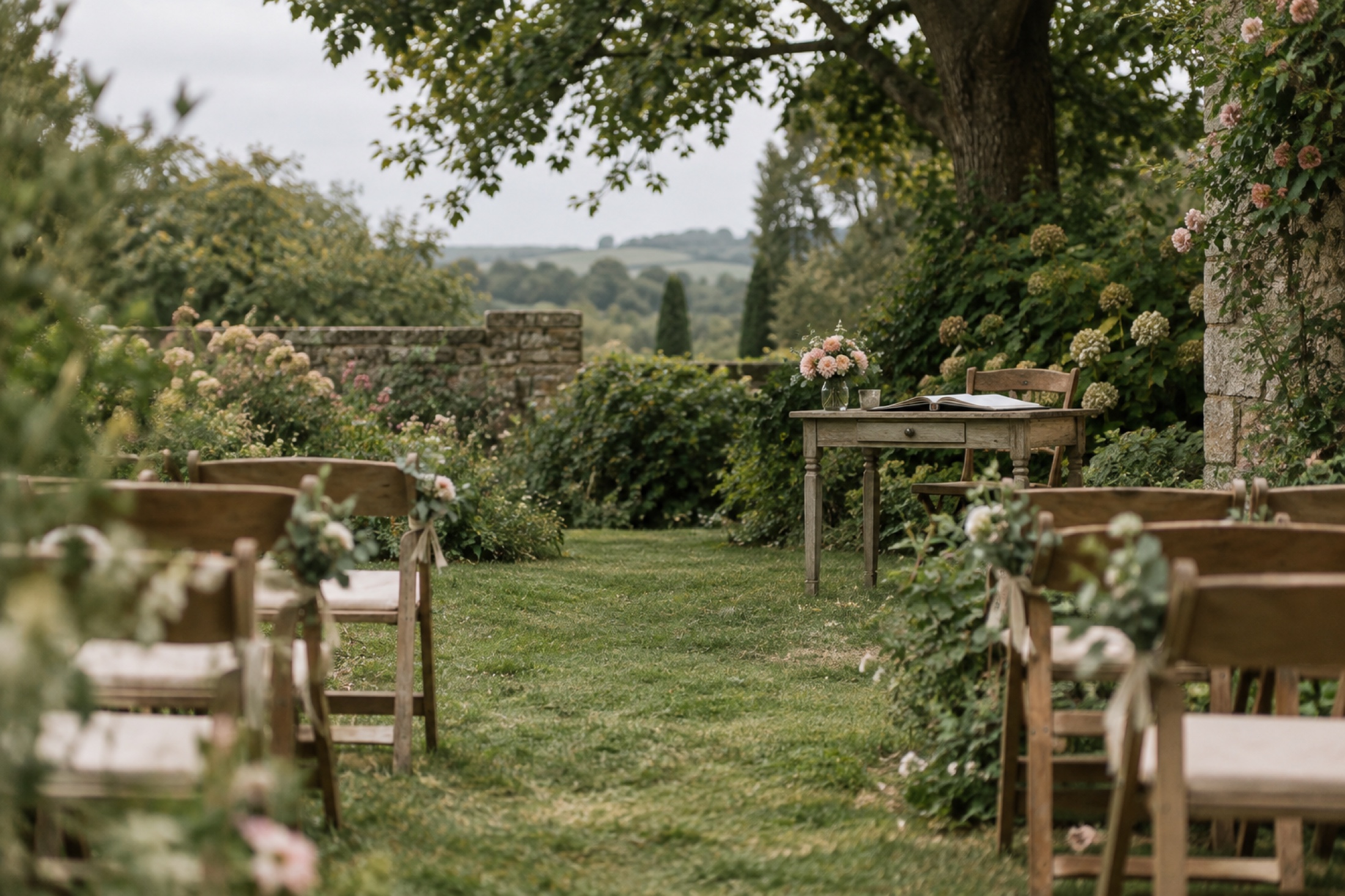 A softly styled outdoor wedding ceremony in an English garden