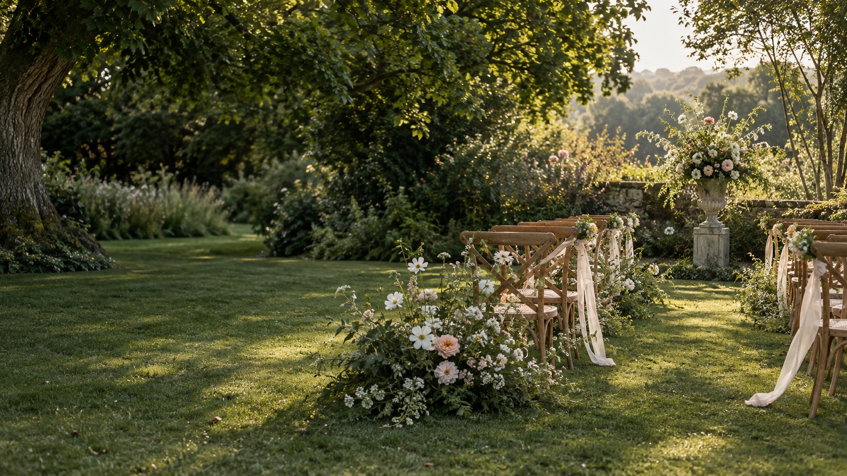 An intimate outdoor wedding ceremony prepared in a leafy Sussex garden